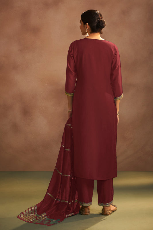 Rust Chinnon Embroidered Kurta Set with Jacquard Dupatta