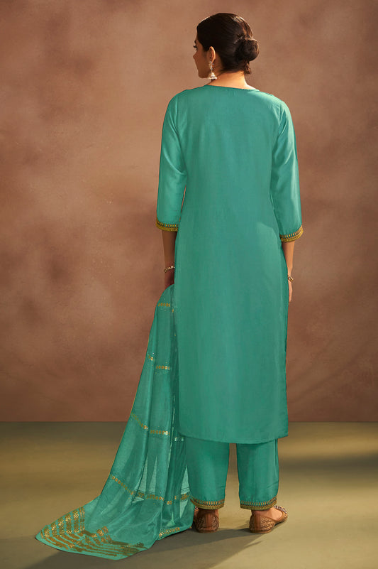 Pista Chinnon Embroidered Kurta Set with Jacquard Dupatta