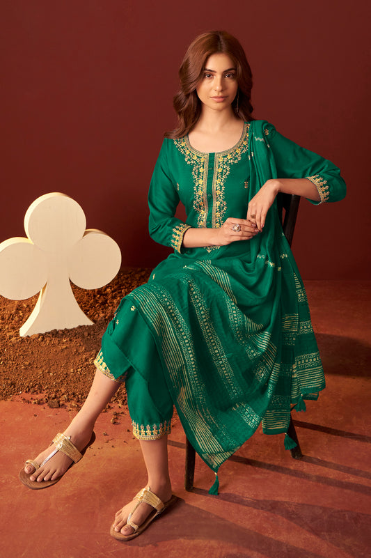 Green Chinnon Embroidered Kurta Set With dupatta