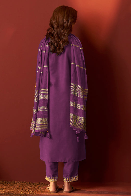 Purple Chinnon Embroidered Kurta Set With dupatta