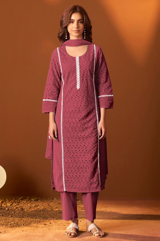 Maroon Pure Cotton Schiffly Kurta Set with Dupatta For Women