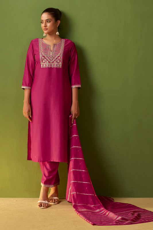 Pink Chinon Embroidered Kurta Set with Jacquard Dupatta