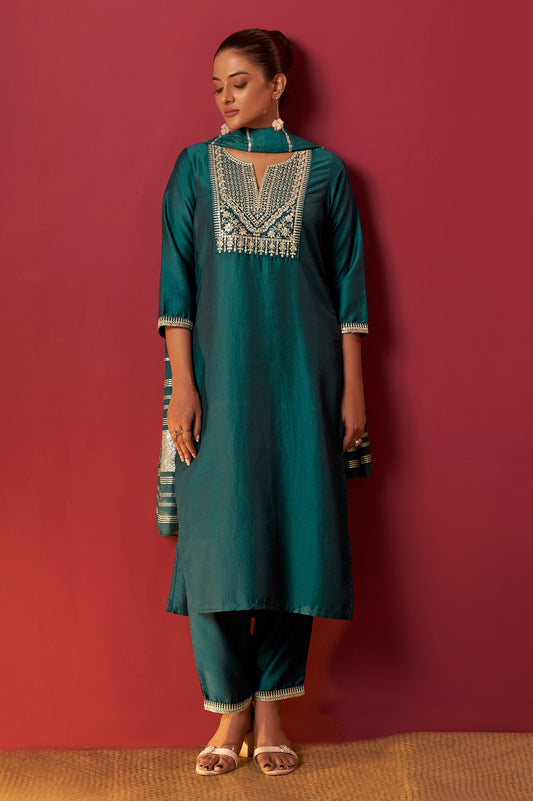 Green Chinon Embroidered Kurta Set with Jacquard Dupatta