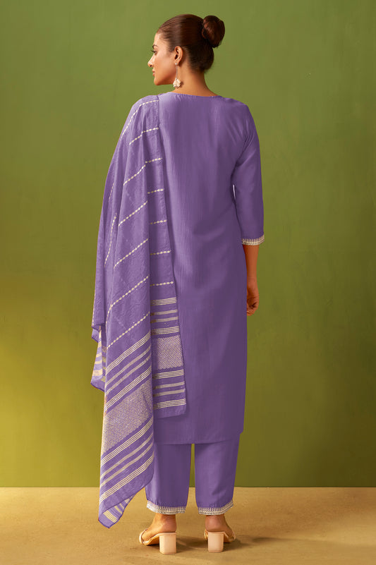 Purple Chinon Embroidered Kurta Set with Jacquard Dupatta