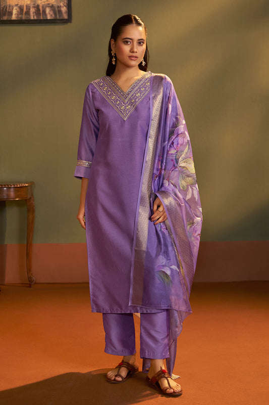 Women Purple Cotton Blend Embroidered Straight Kurta with Pant & Organza Jacquard Printed Dupatta