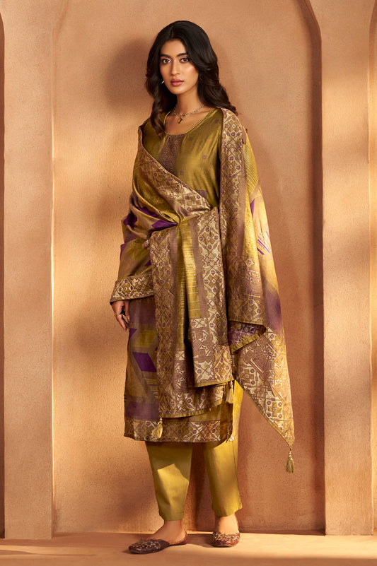 Mustard Jacquard Art Silk Fla Mustard Kurta Set with Cotton Bottom & Silk Blend Dupatta