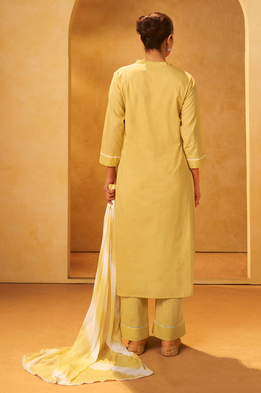Yellow Pure Cotton Schiffli Embroidered Straight Kurta Set Dupatta