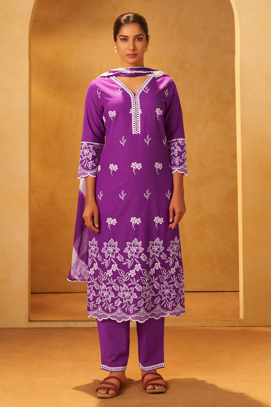 Purple Pure Cotton Schiffli Embroidered Straight Kurta Set Dupatta