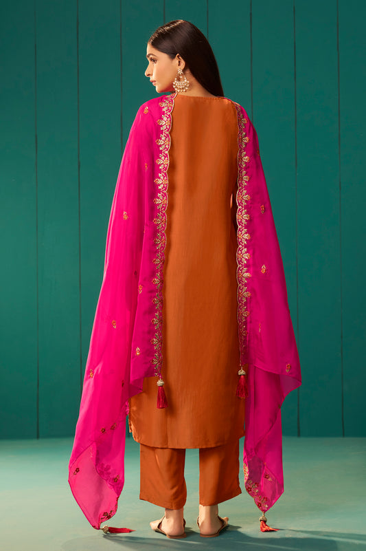 Orange Chinnon Embroidered Kurta Set With Dupatta For Women