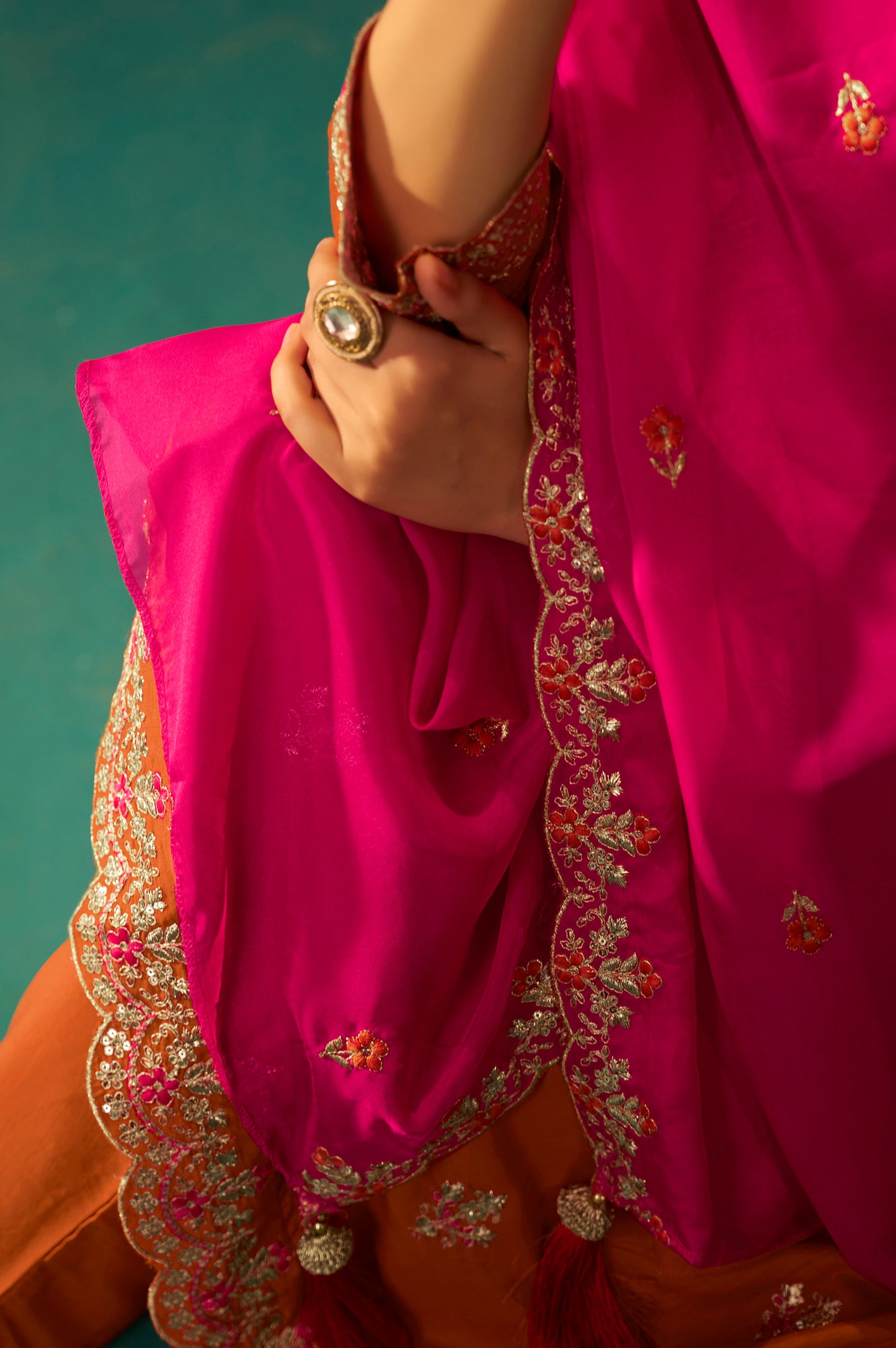 Orange Chinnon Embroidered Kurta Set With Dupatta For Women