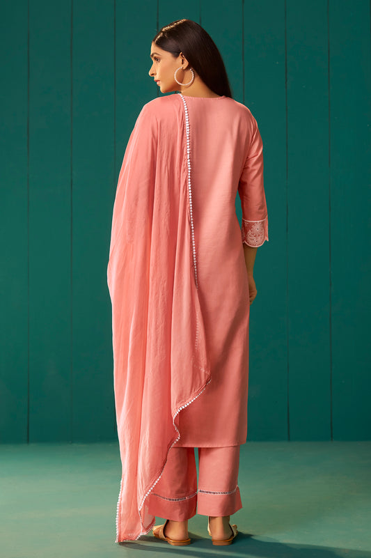 Orange Pure Cotton Schiffli Embroidered Straight Kurta Set Dupatta