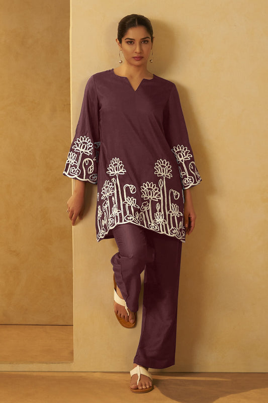 Women Coffee Embroidered Cotton Blend Straight Kurta Co-ord Set