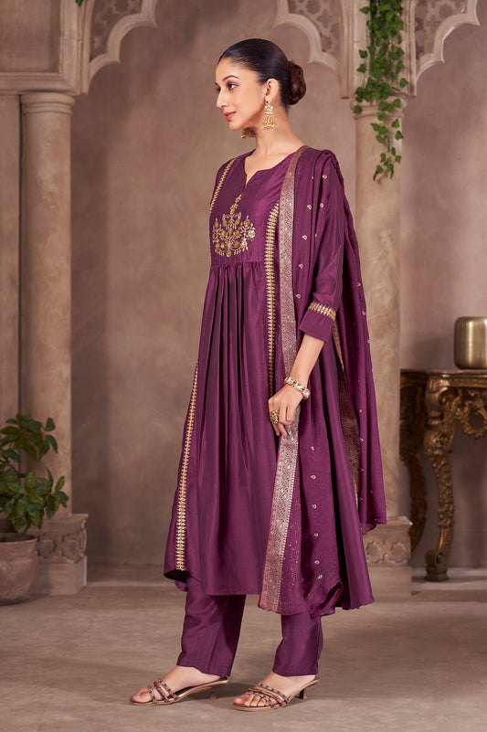 Wine Chinnon Embroidered Flared Kurta Set with Jacquard Chanderi Dupatta
