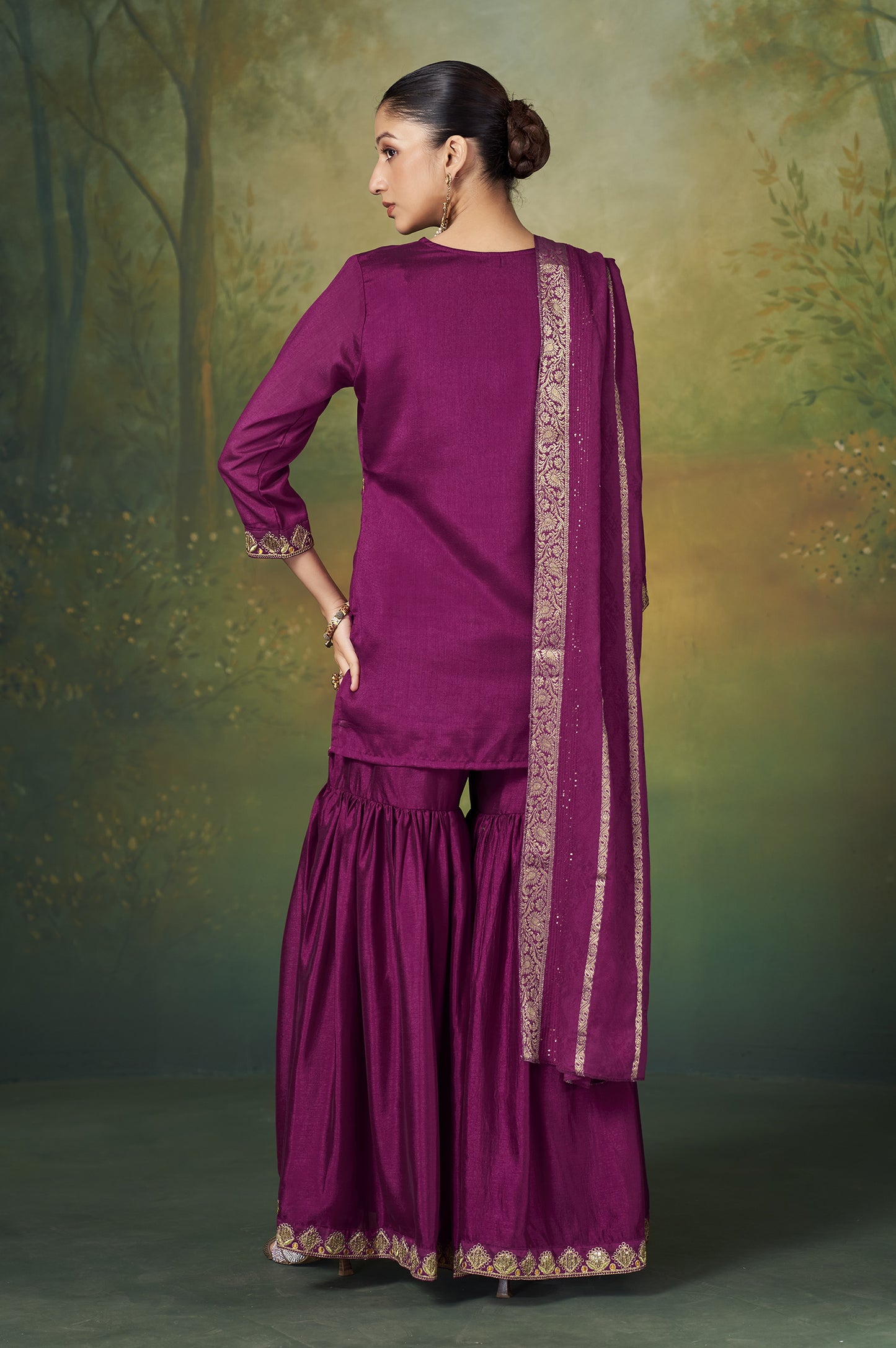 Wine Vichitra Silk Embroidered Straight Kurta Set with Sharara & Chanderi Jacquard Dupatta
