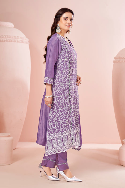 Lavender Chinnon Schiffli Embroidered A-Line Kurta Set with Pants & Nazmin Chiffon Dupatta