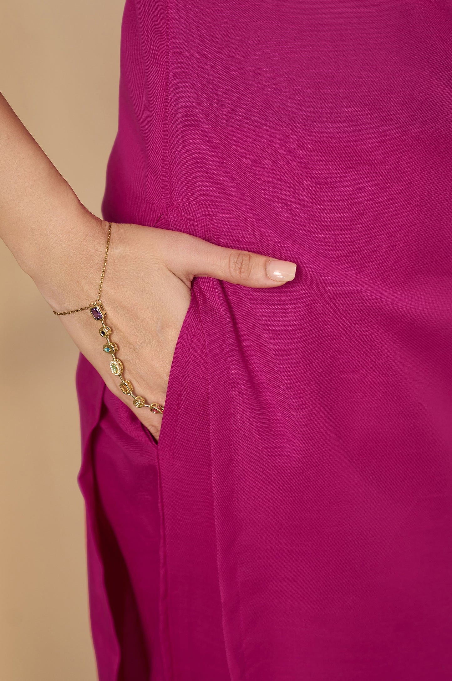Pink Cotton Flared Calf-Length Kurta with Pant & Cream Chanderi Printed Dupatta