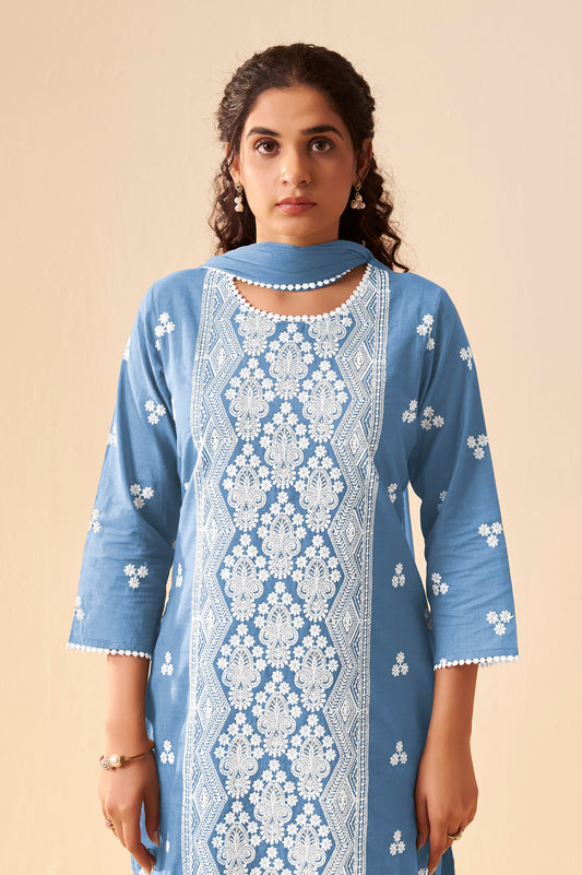 Sky Blue Pure Cotton Schiffli Embroidered Straight Kurta Set with Cotton Pants, Inner & Najmin Chiffon Dupatta