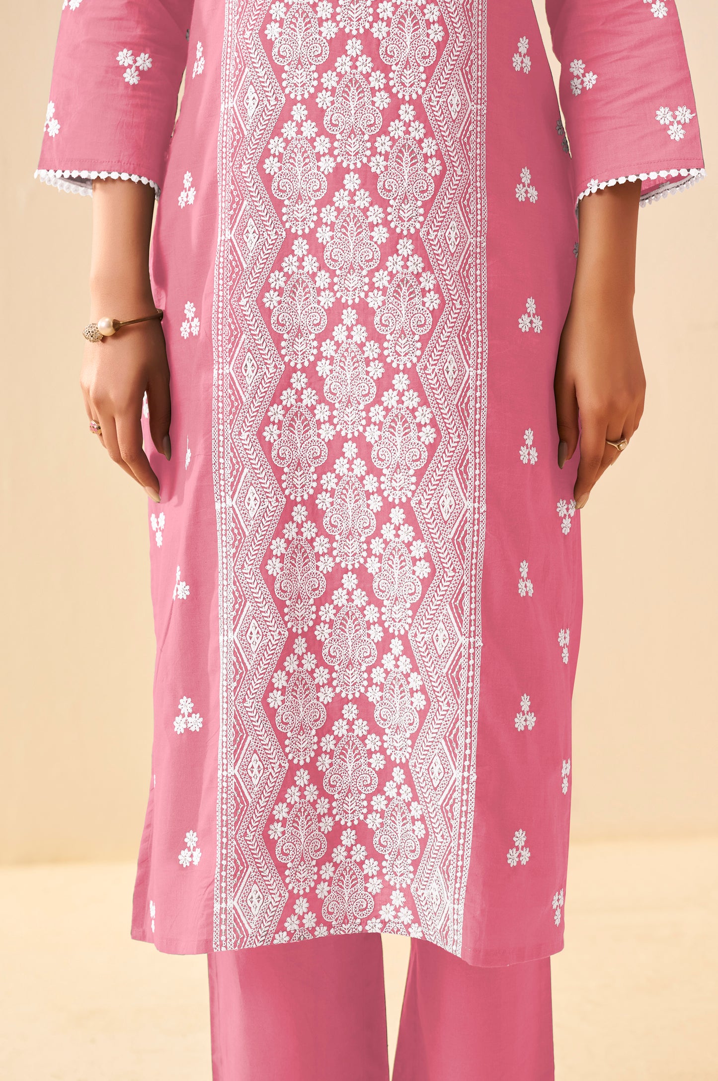 Pink Pure Cotton Schiffli Embroidered Straight Kurta Set