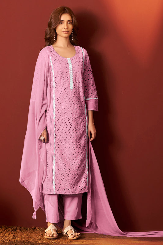 Pink Pure Cotton Schiffly Kurta Set with Dupatta For Women