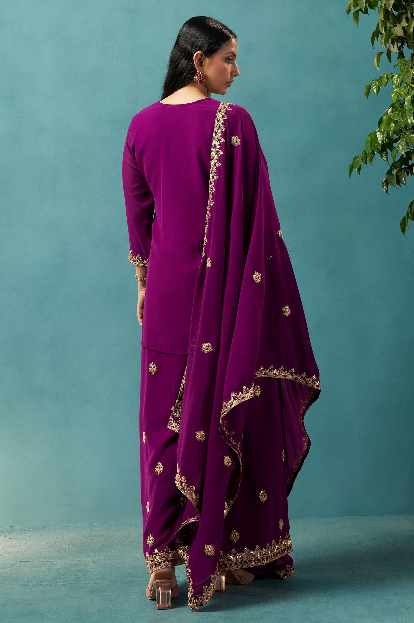 Wine Embroidered Georgette Flared Kurta with Matching Sharara and Embroidered Dupatta Set