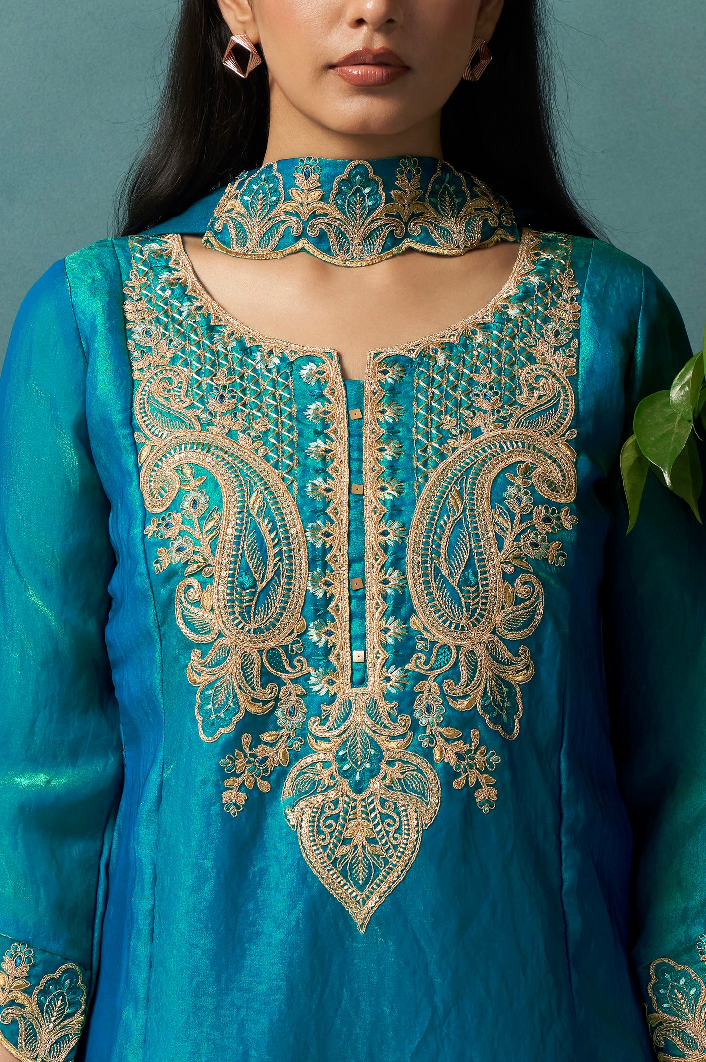 Teal Blue Silk Blend Embroidered Straight Kurta Set Choker Net Dupatta