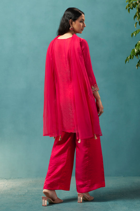 Red Silk Blend Embroidered Straight Kurta Set with Choker Net Dupatta