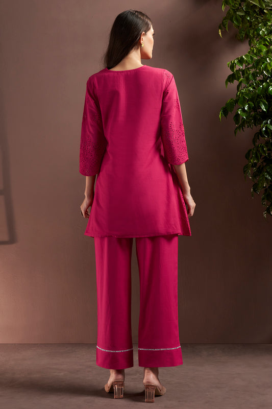 Women’s Dark Pink Pure Cotton Schiffli Co-Ord Set