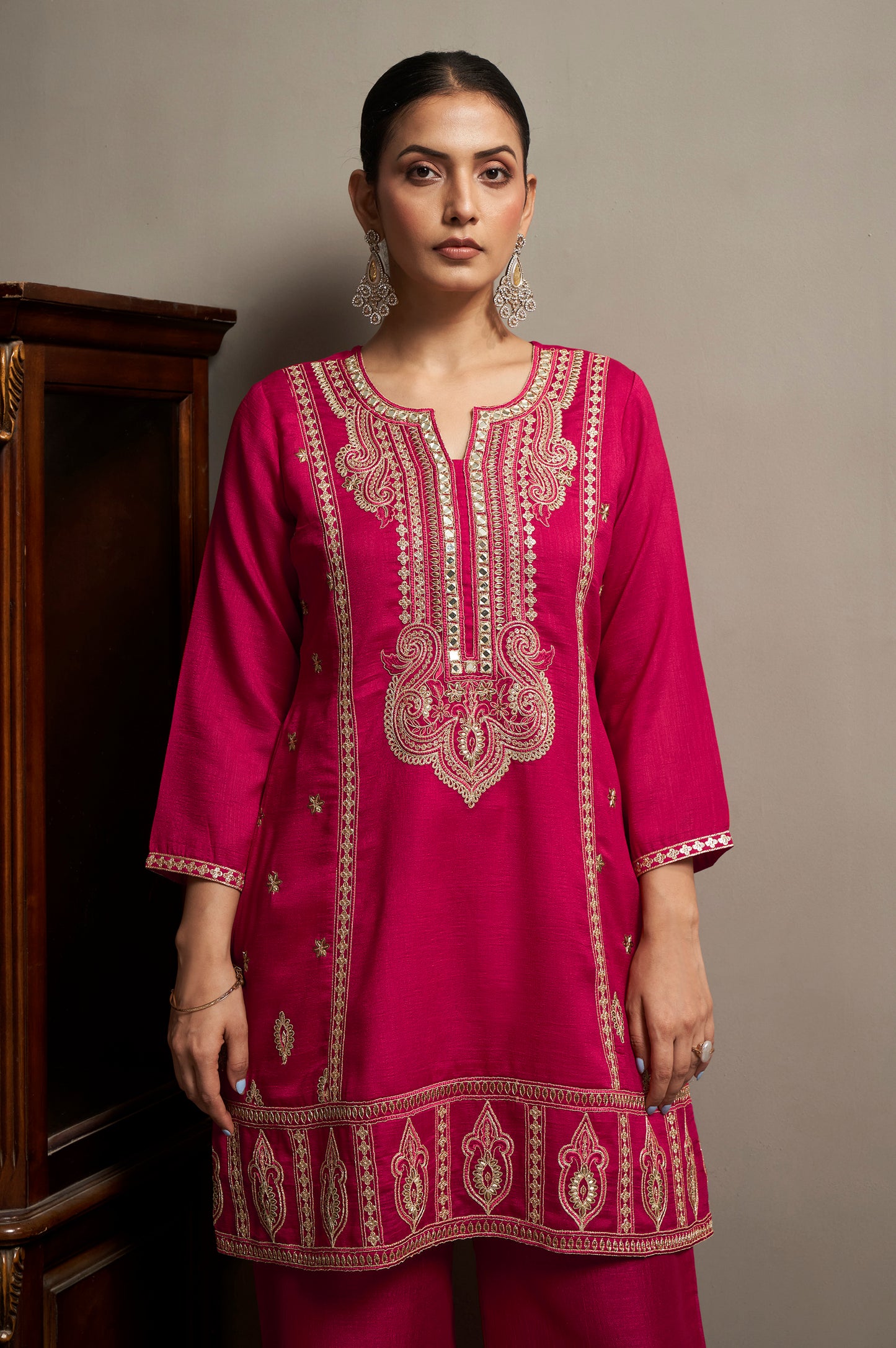 Women's Red Embroidered Silk Blend Straight Kurta Set