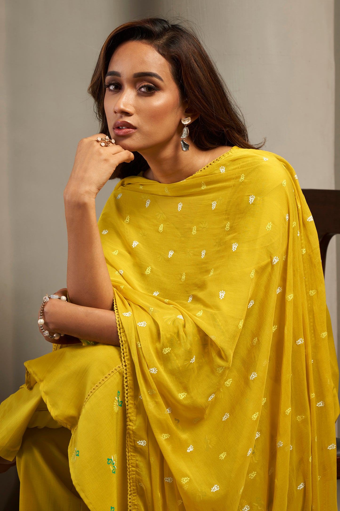Women's Cotton Blend Ethnic Motifs Printed Flared Kurta with Solid Elasticated Pants & Printed Nazmin Cotton Blend Dupatta