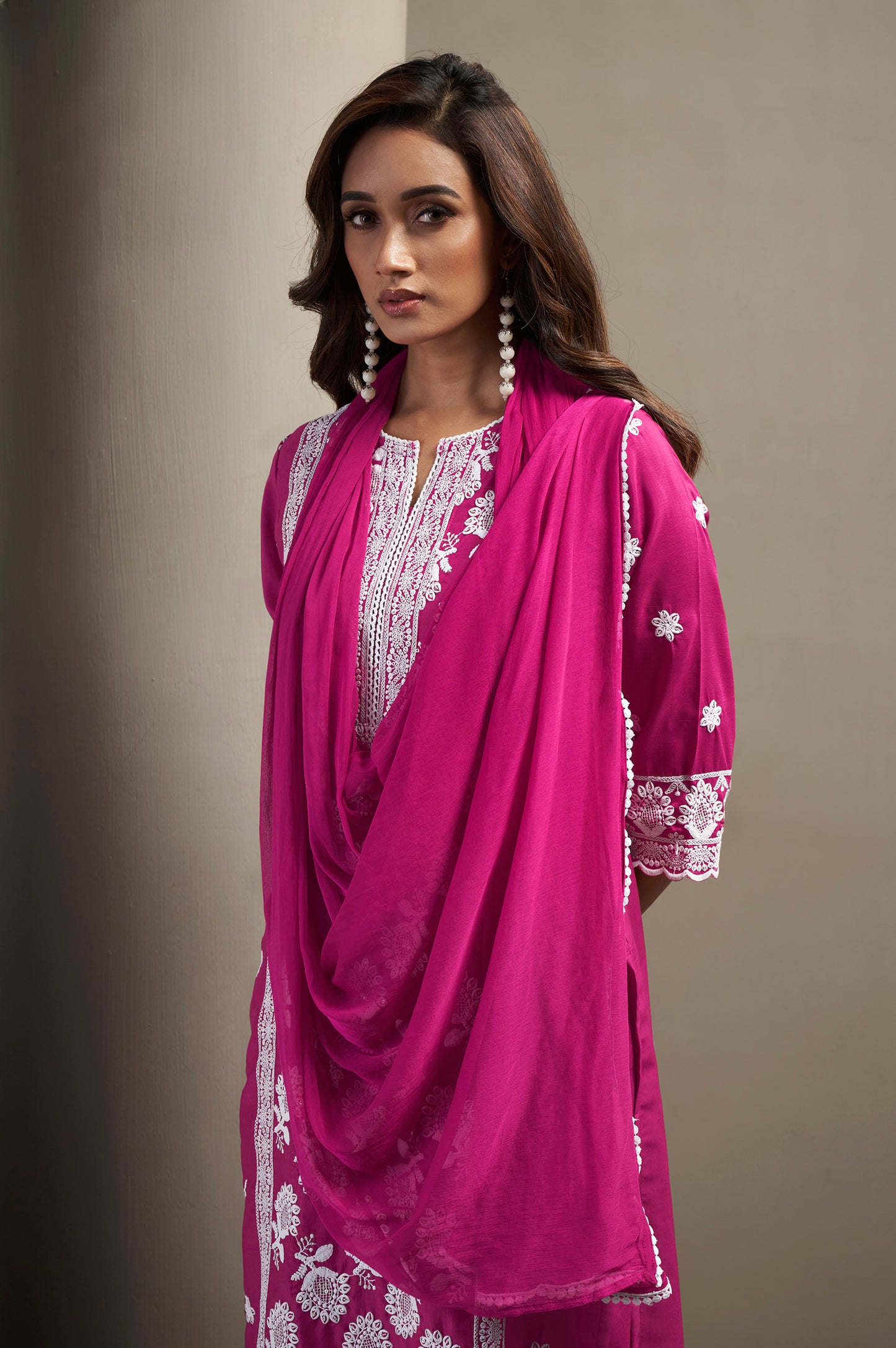 Women's Pink Cotton Blend Schiffli Embroidered Straight Kurta with Solid Cotton Blend Pants & Solid Nazmin Chiffon Dupatta