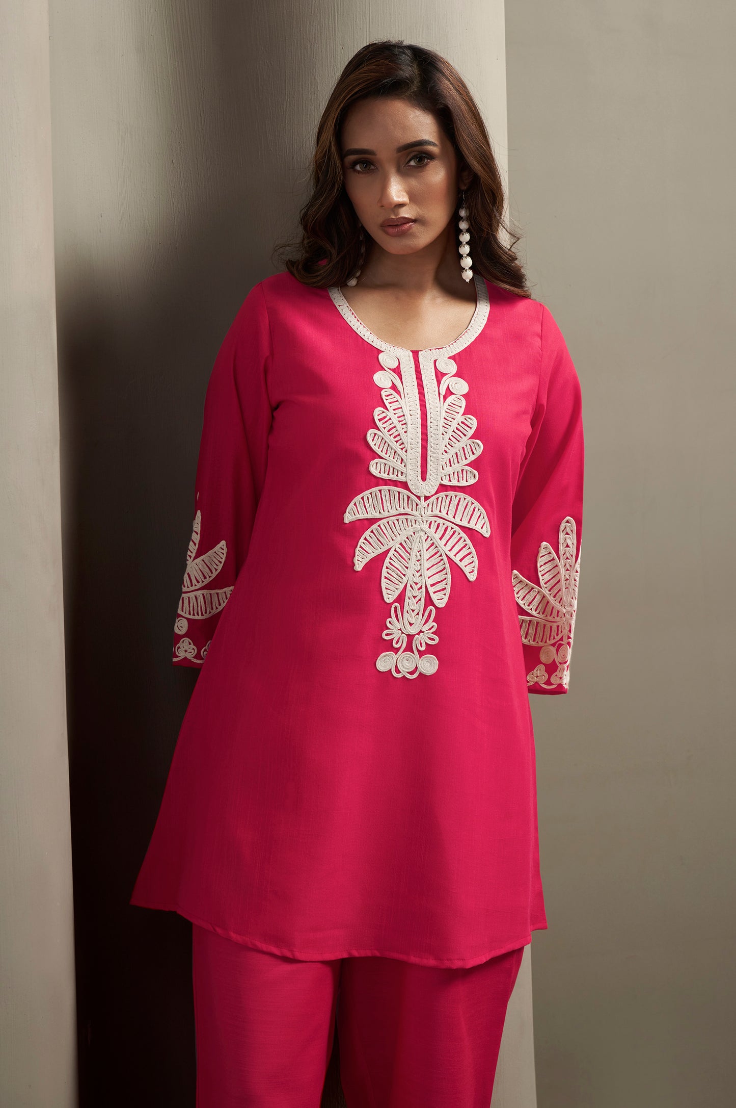 Women's Pink Cotton Blend Floral Embroidered Co-ord Set with Straight Top & Solid Pants