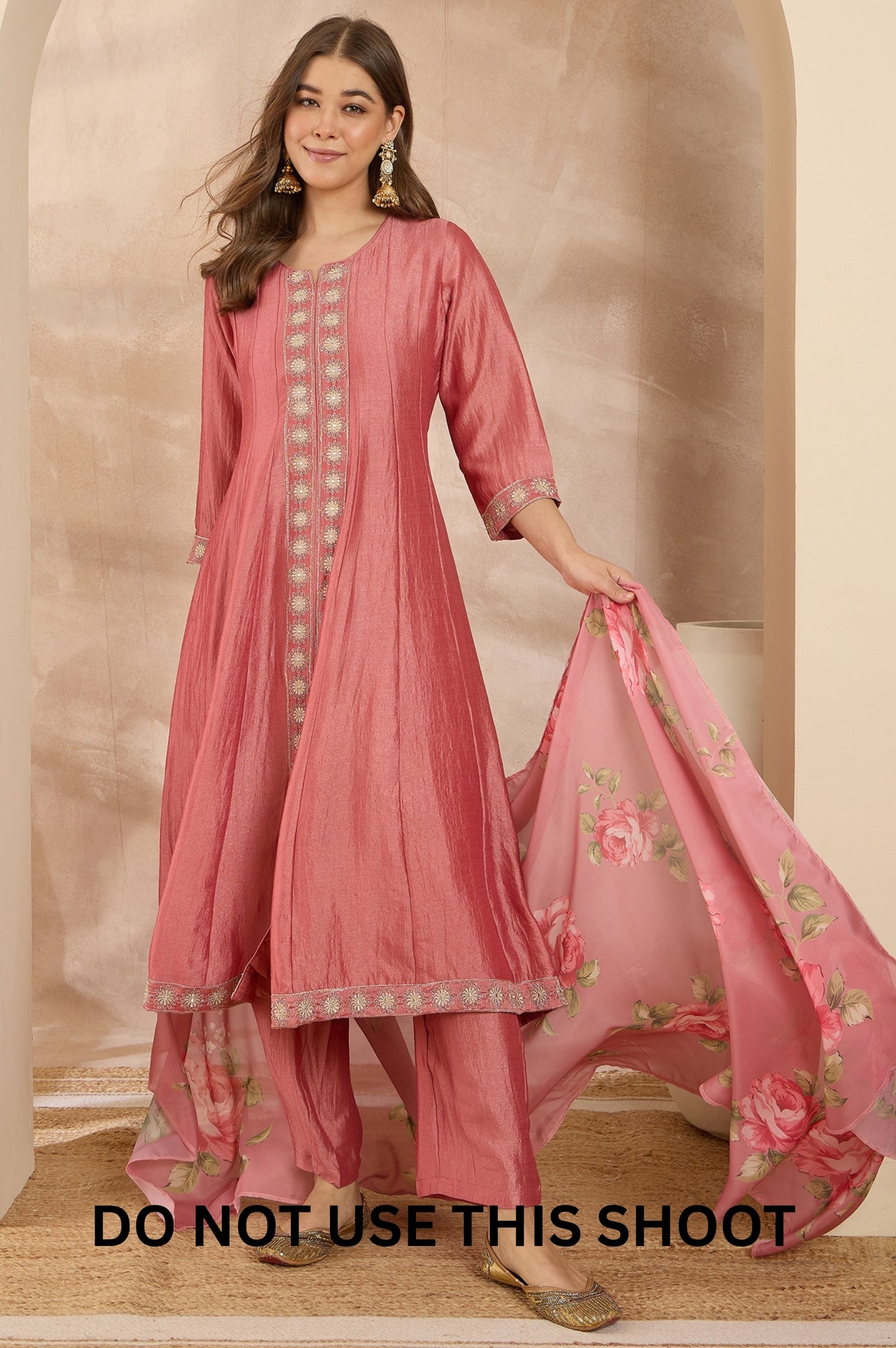 Women Pink Embroidered Vichitra Silk Kurta Trousers & Dupatta Set