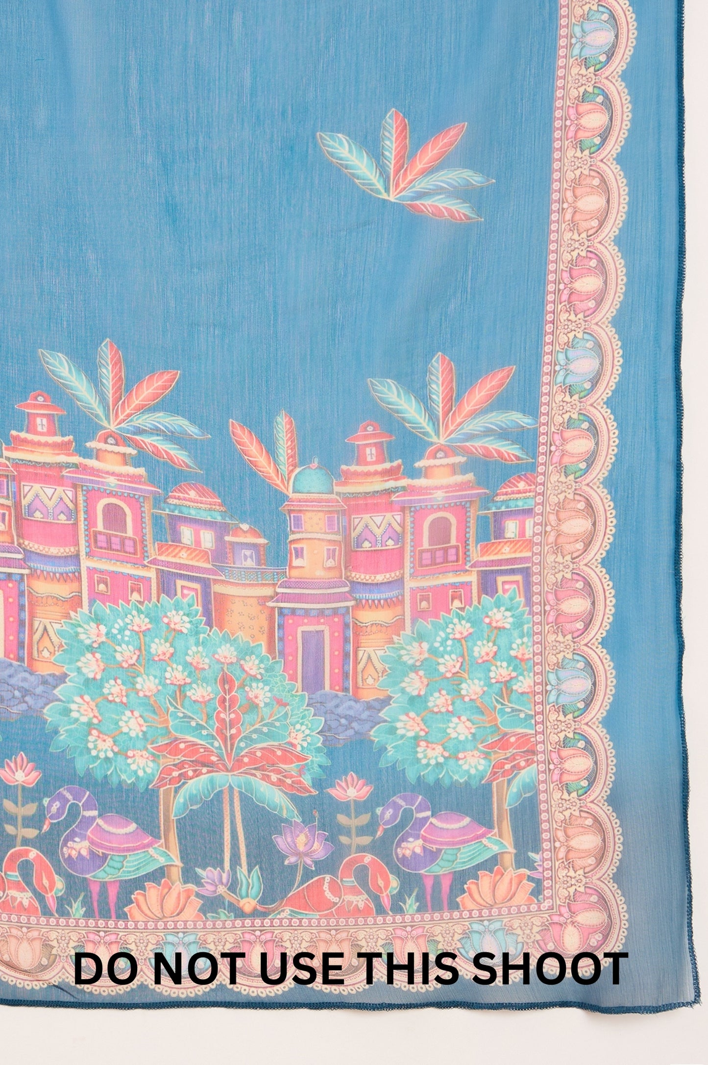 Women Blue Chinnon Applique Digital Print Kurta Pant Dupatta Set