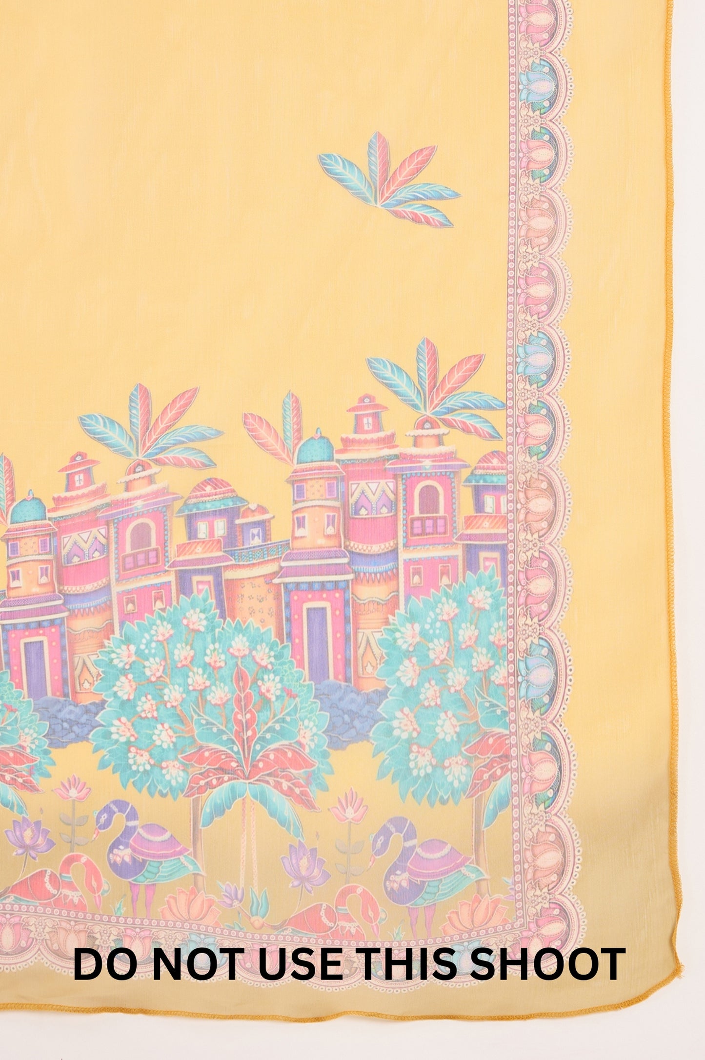 Women Mustard Chinnon Applique Digital Print Kurta Pant Dupatta Set