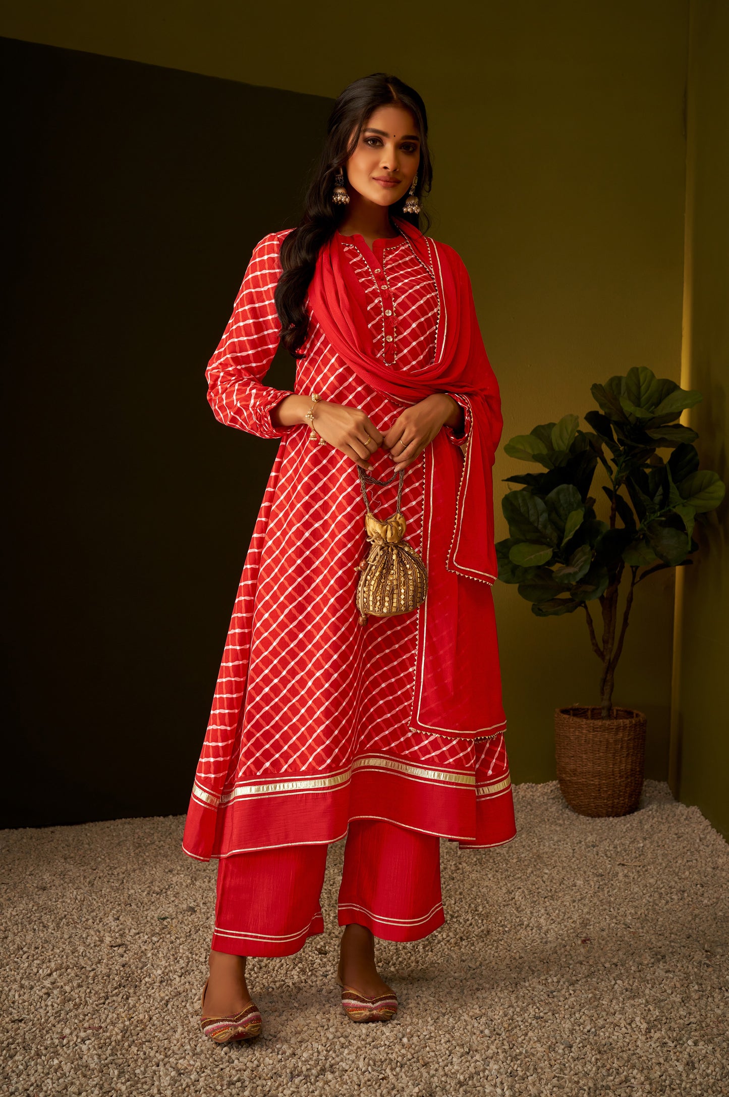 Crimson Red Checkered Gotta Patti Kurta Set