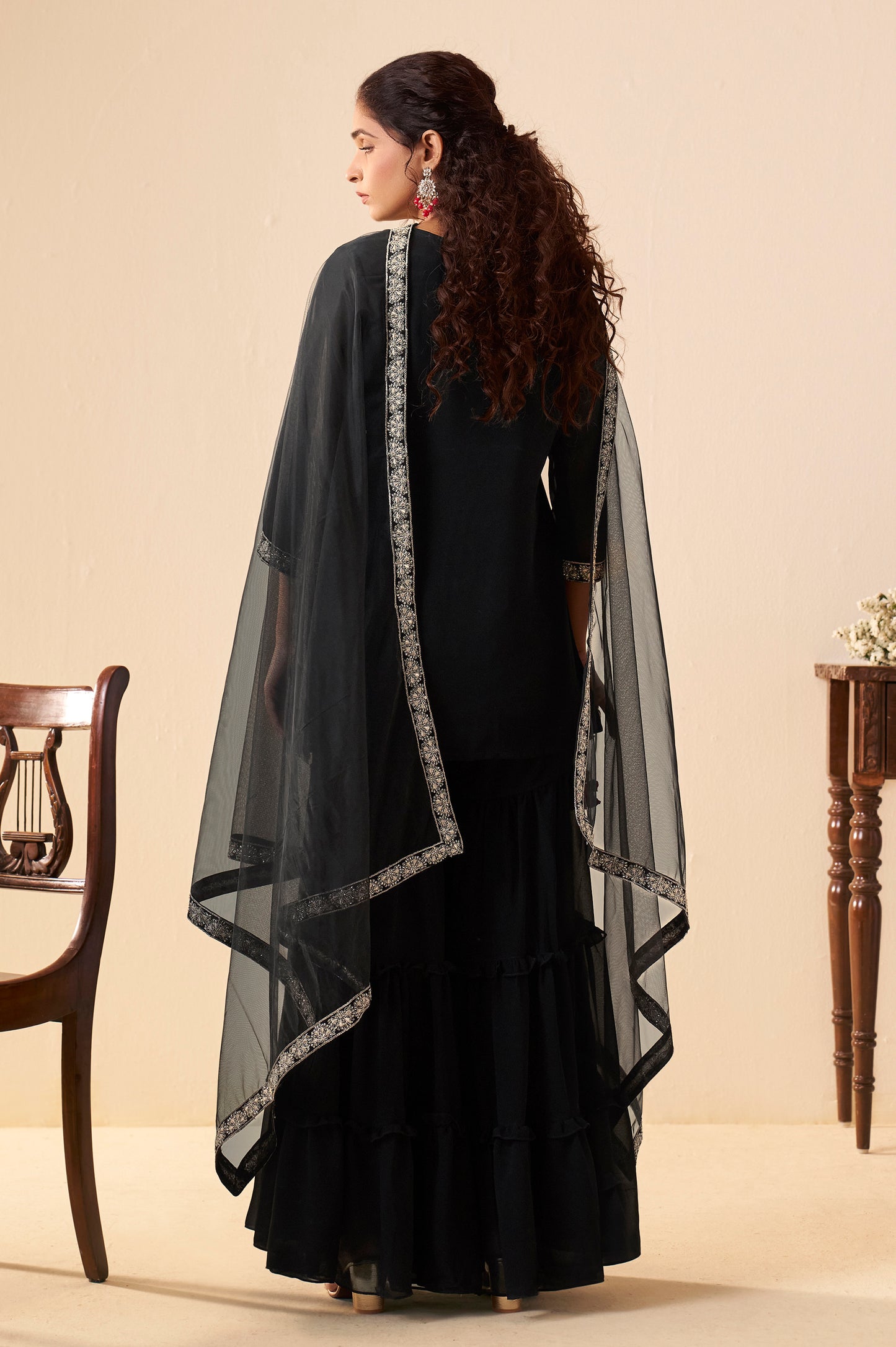 Women Black Georgette Handwork Embroidered Straight Kurta with Sharara & Net Dupatta