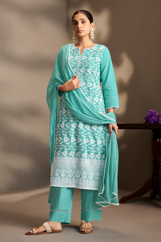 Sky Blue Pure Cotton Schiffli Embroidered Straight Kurta Set with Cotton Pants, Inner & Najmin Chiffon Dupatta