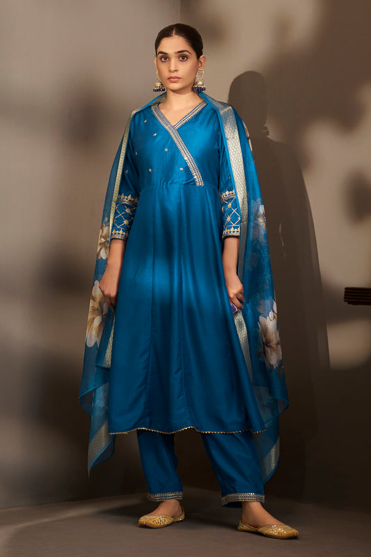 Women Blue Cotton Embroidered Straight Anarkali Kurta Set with Printed Organza Dupatta & Pants