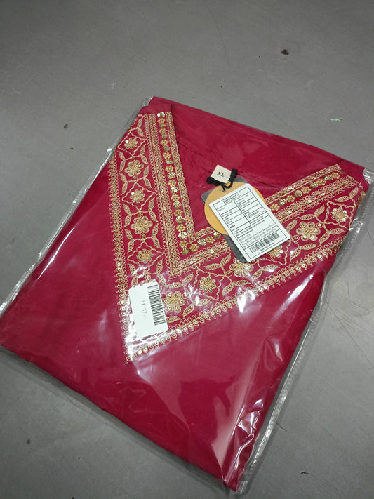 Women Pink Cotton Blend Embroidered Straight Kurta with Pant & Organza Jacquard Printed Dupatta