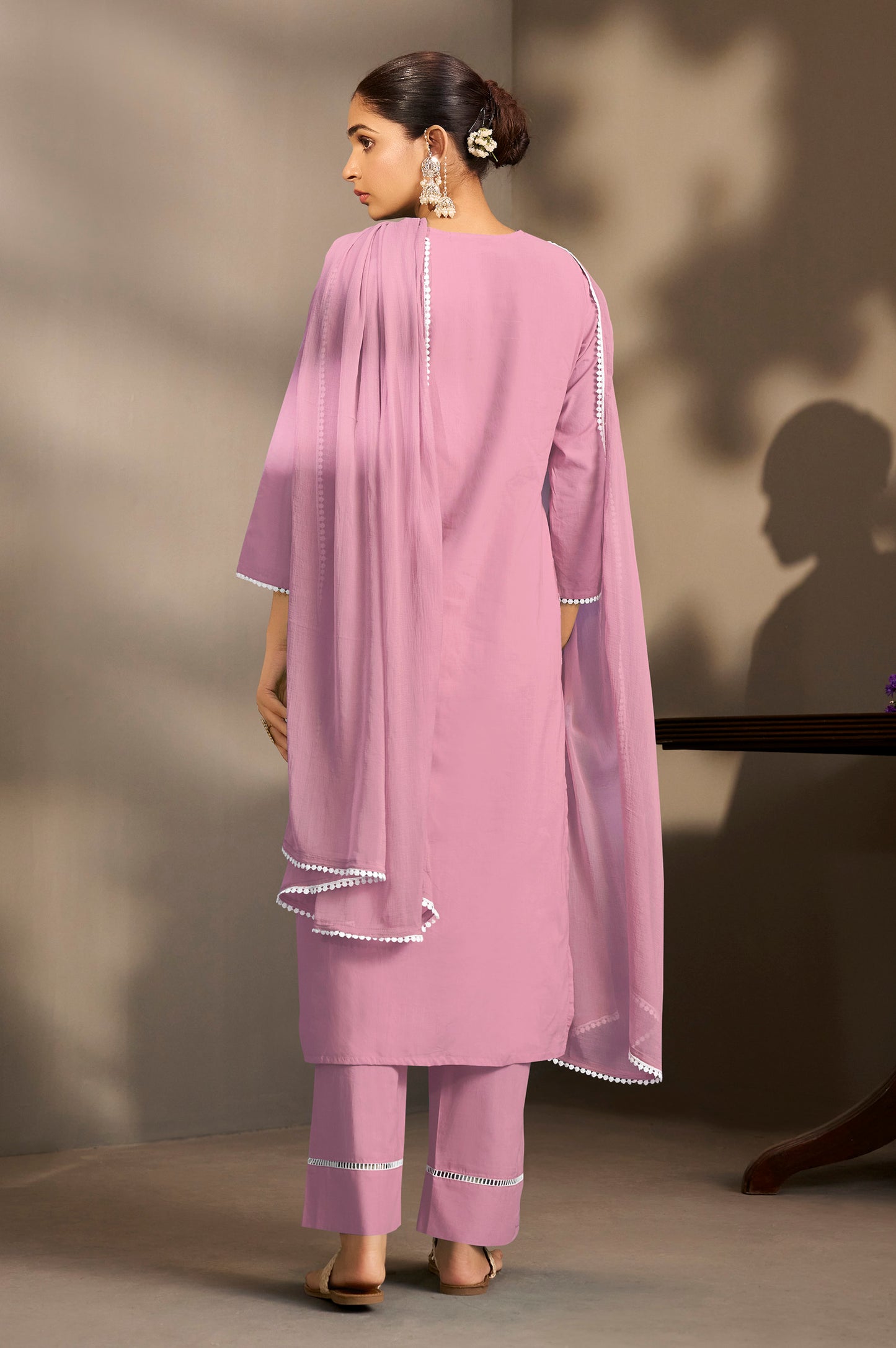 Rust Pure Cotton Schiffli Embroidered Straight Kurta Set with Cotton Pants, Inner & Najmin Chiffon Dupatta