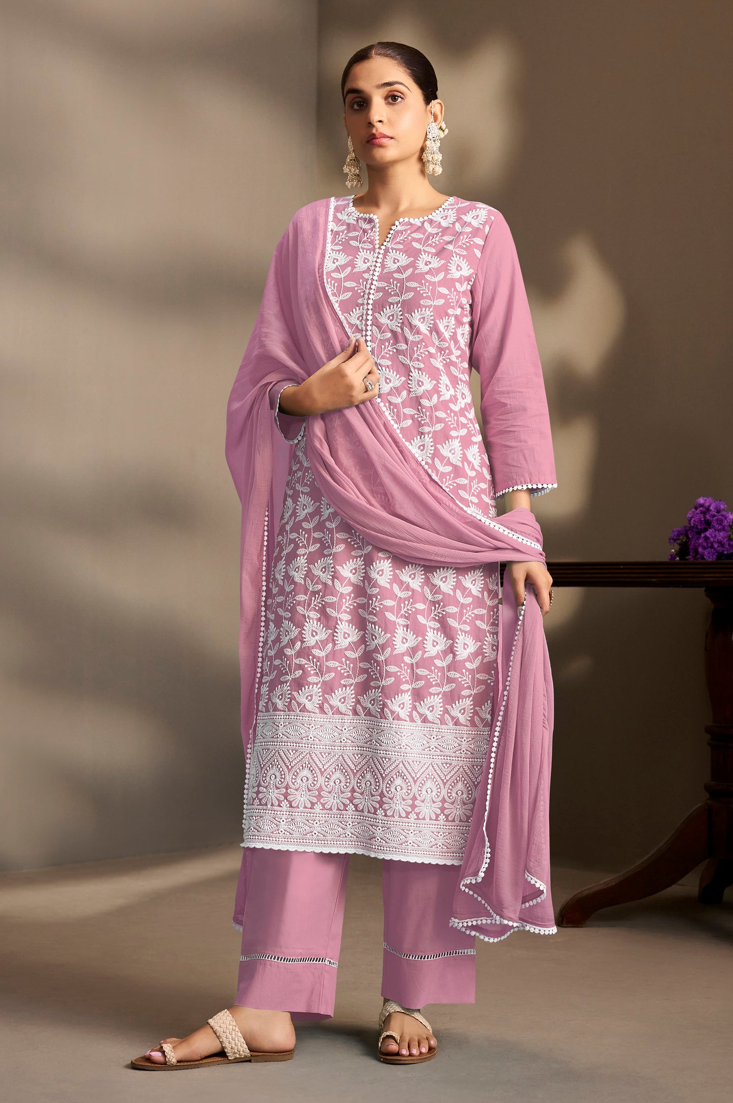 Rust Pure Cotton Schiffli Embroidered Straight Kurta Set with Cotton Pants, Inner & Najmin Chiffon Dupatta