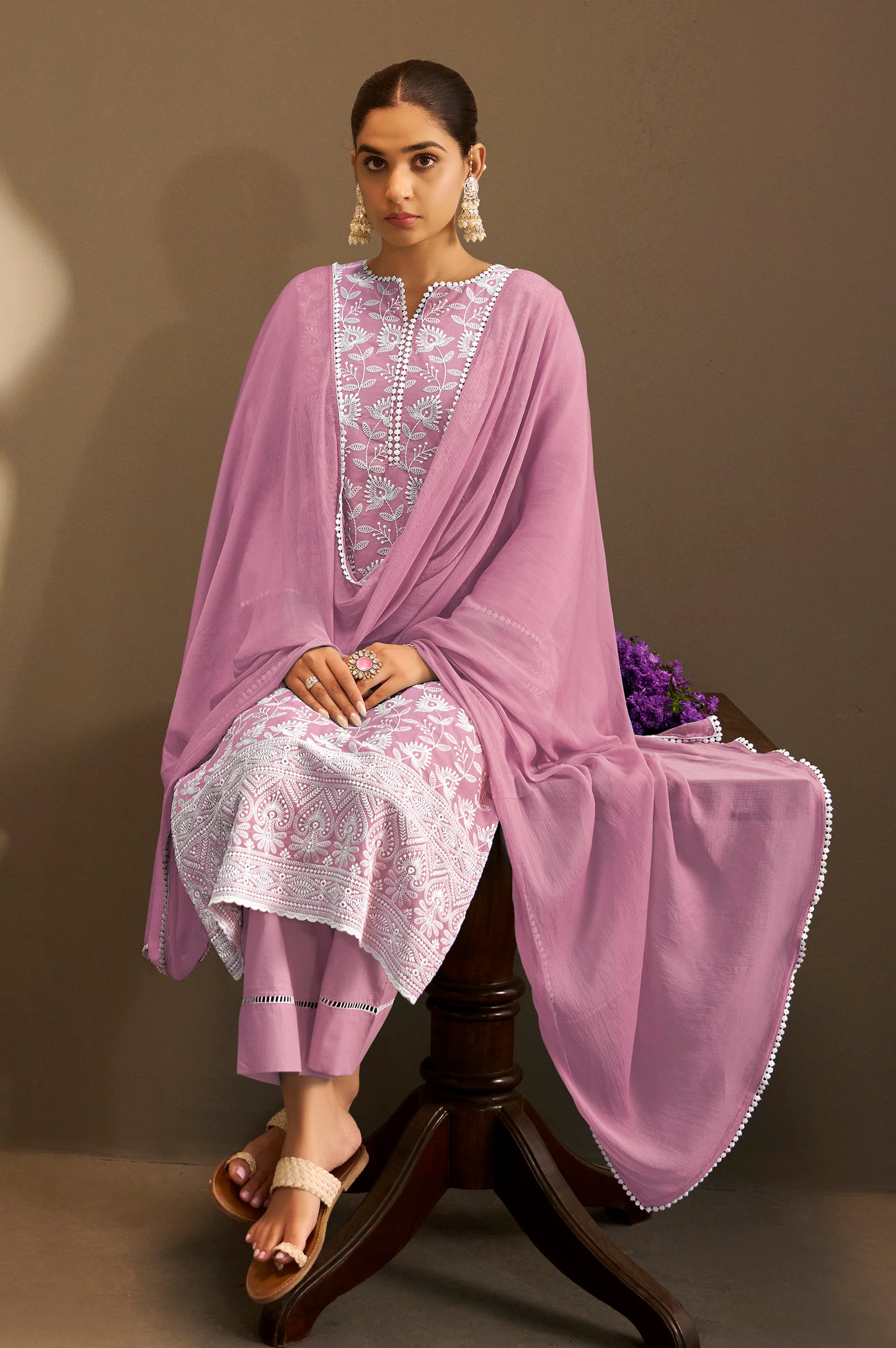 Rust Pure Cotton Schiffli Embroidered Straight Kurta Set with Cotton Pants, Inner & Najmin Chiffon Dupatta