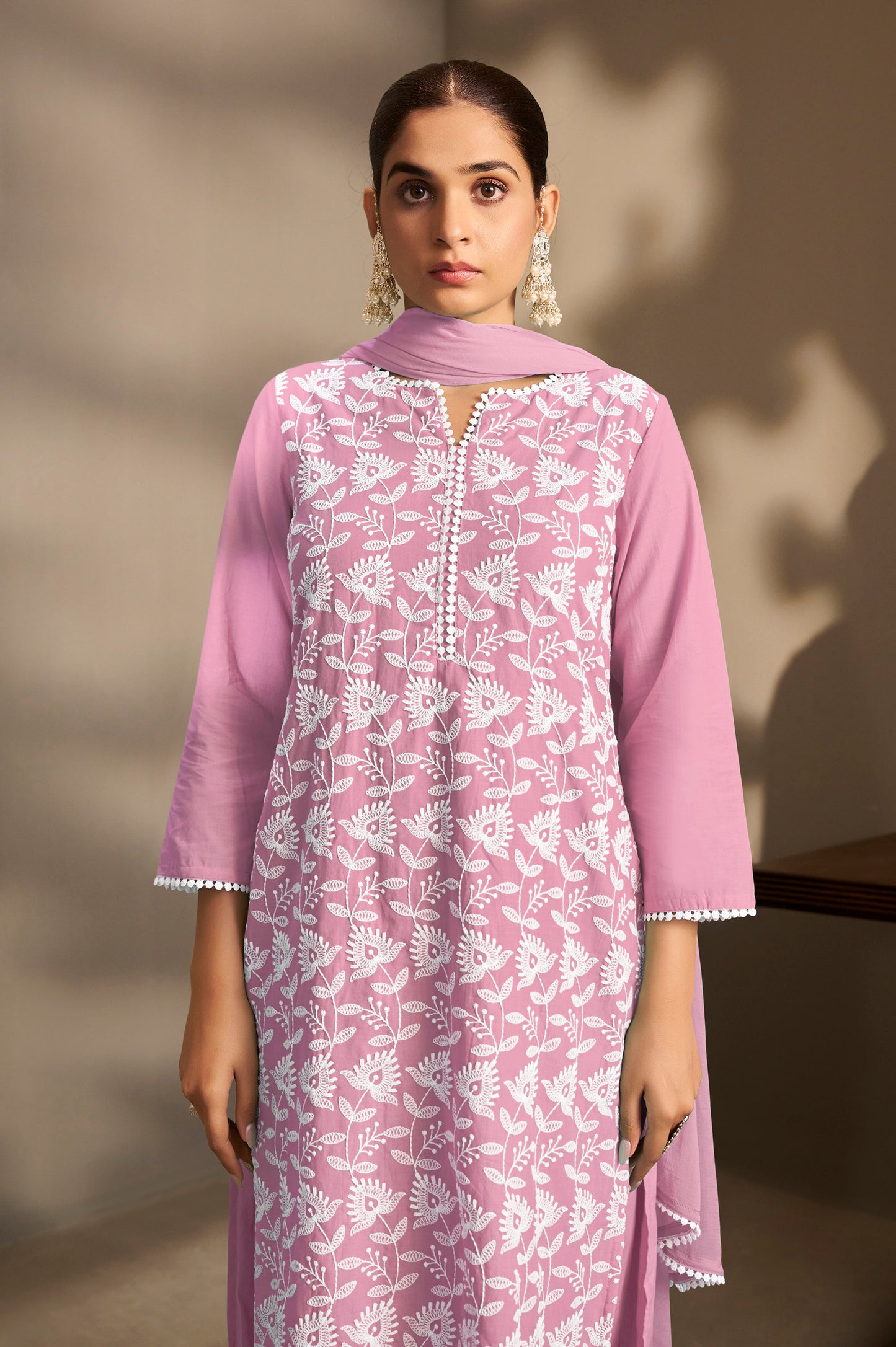 Rust Pure Cotton Schiffli Embroidered Straight Kurta Set with Cotton Pants, Inner & Najmin Chiffon Dupatta