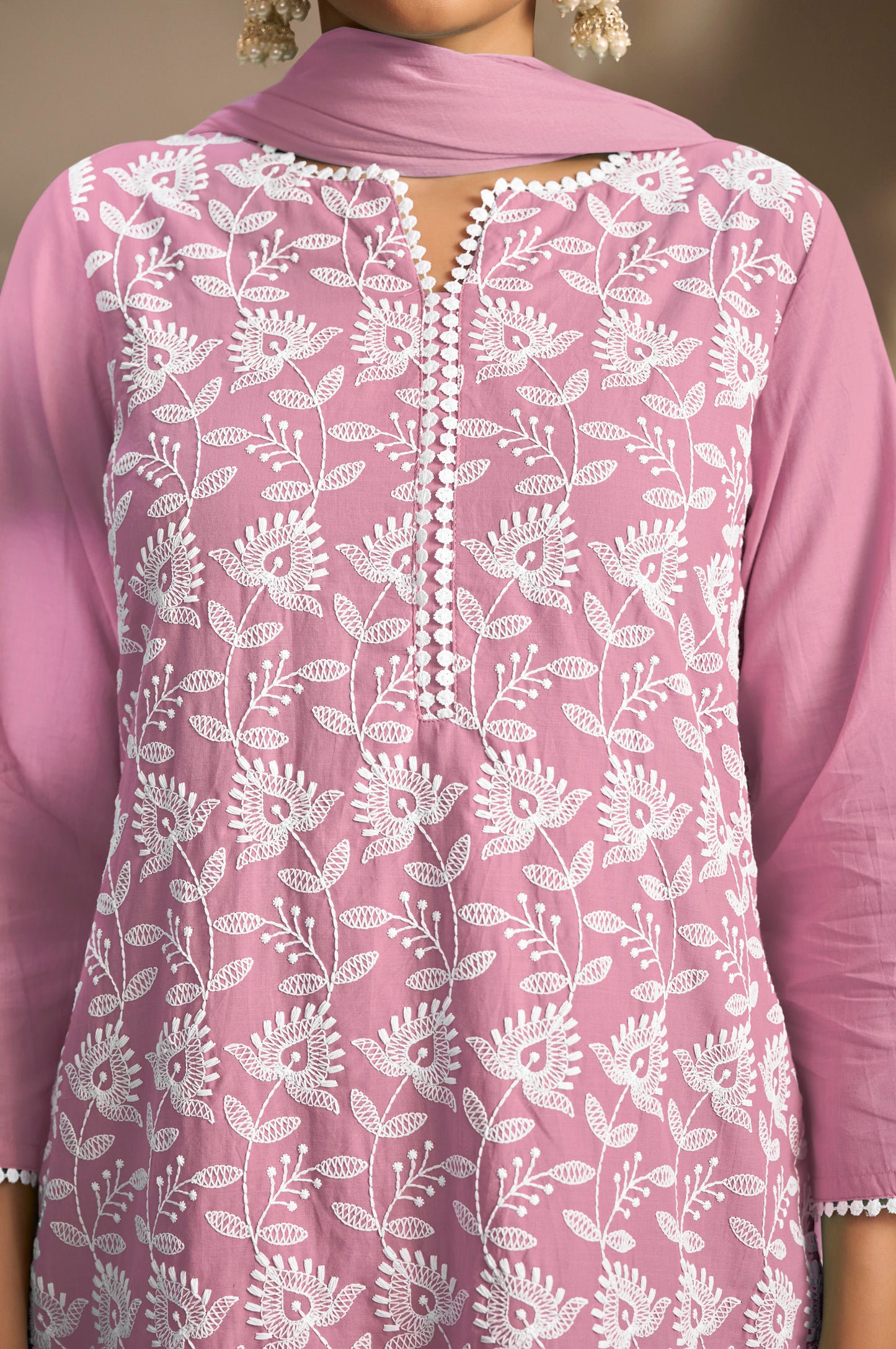 Rust Pure Cotton Schiffli Embroidered Straight Kurta Set with Cotton Pants, Inner & Najmin Chiffon Dupatta