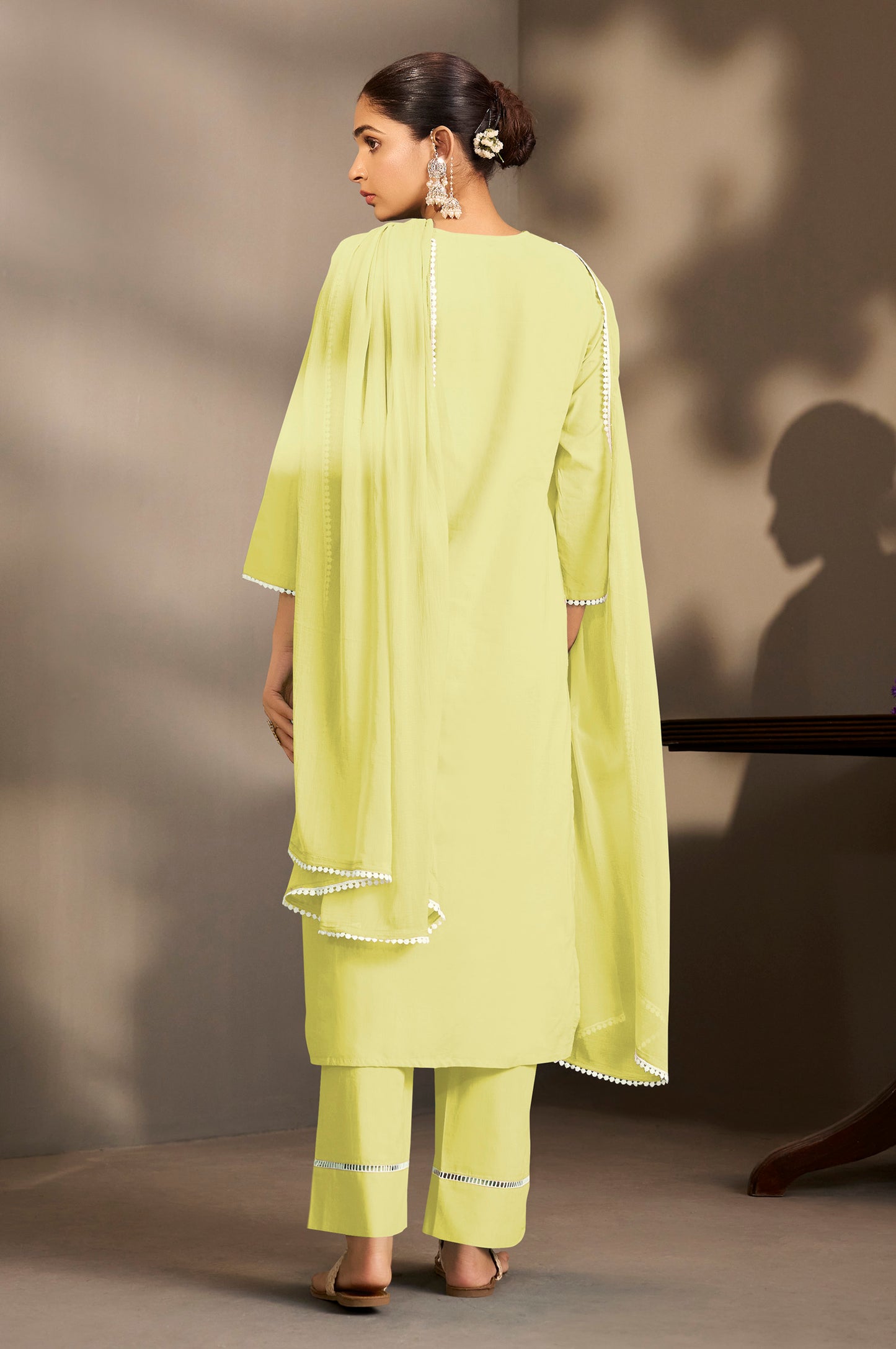 Yellow Pure Cotton Schiffli Embroidered Straight Kurta Set with Cotton Pants, Inner & Najmin Chiffon Dupatta