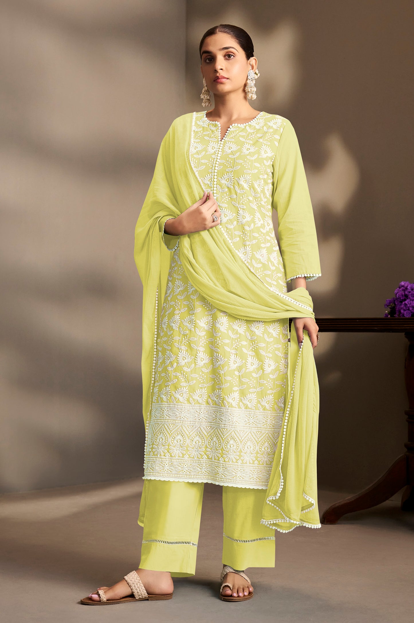 Yellow Pure Cotton Schiffli Embroidered Straight Kurta Set with Cotton Pants, Inner & Najmin Chiffon Dupatta