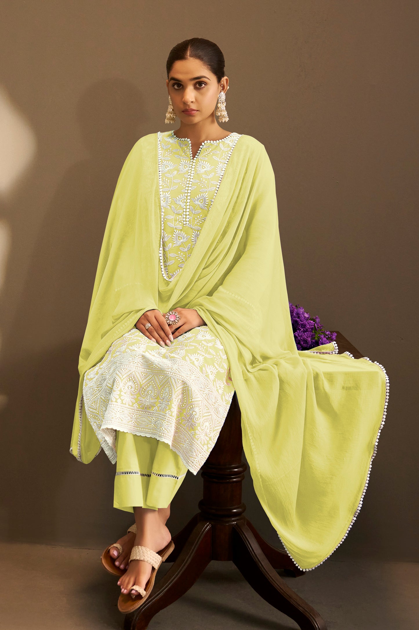 Yellow Pure Cotton Schiffli Embroidered Straight Kurta Set with Cotton Pants, Inner & Najmin Chiffon Dupatta