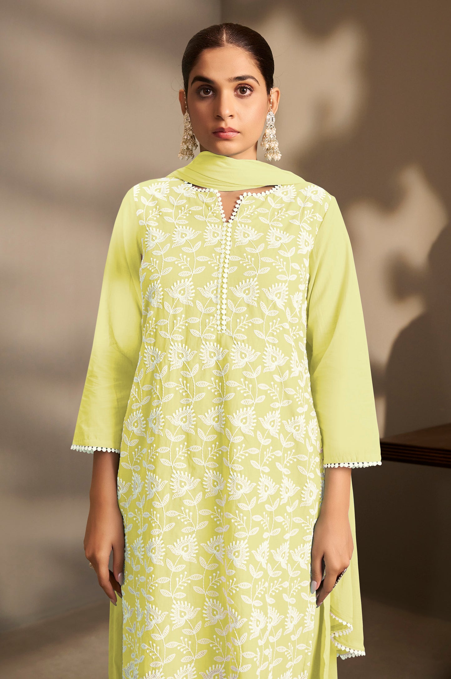 Yellow Pure Cotton Schiffli Embroidered Straight Kurta Set with Cotton Pants, Inner & Najmin Chiffon Dupatta