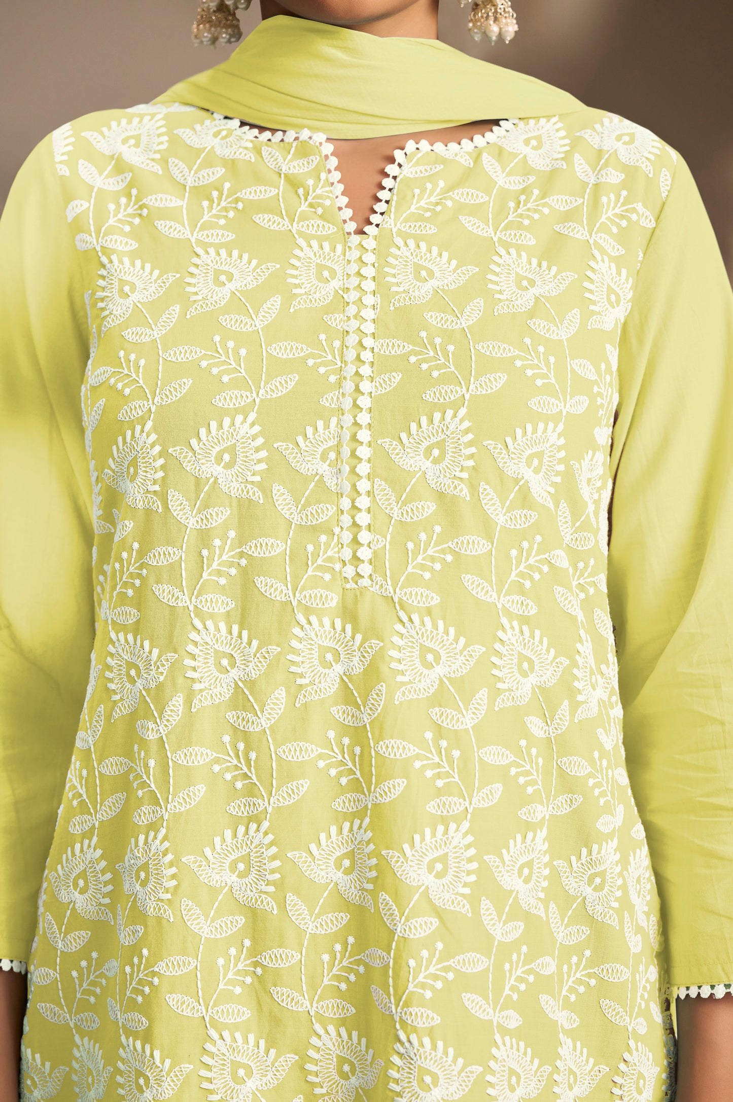 Yellow Pure Cotton Schiffli Embroidered Straight Kurta Set with Cotton Pants, Inner & Najmin Chiffon Dupatta