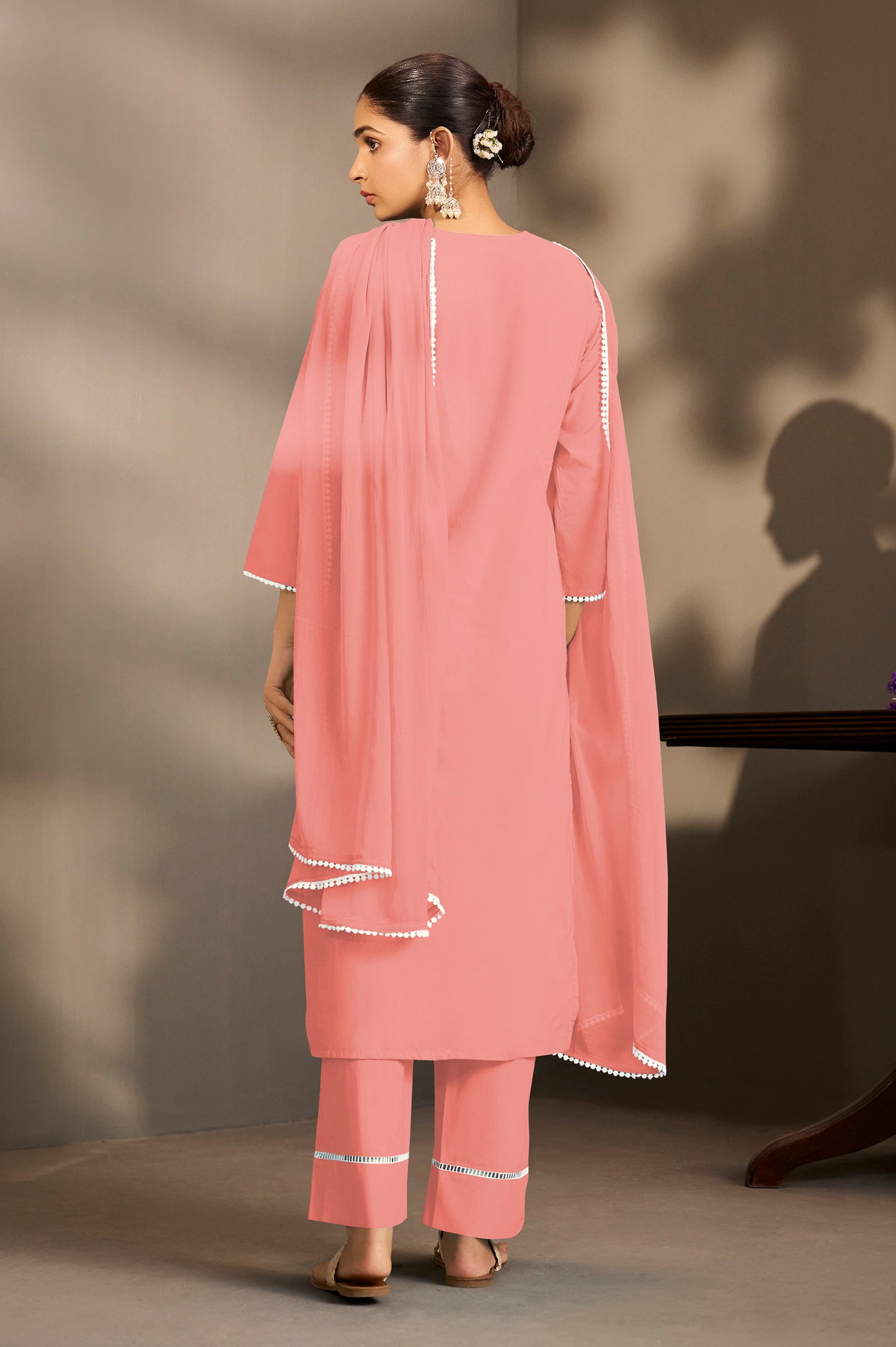 Peach Pure Cotton Schiffli Embroidered Straight Kurta Set with Cotton Pants, Inner & Najmin Chiffon Dupatta